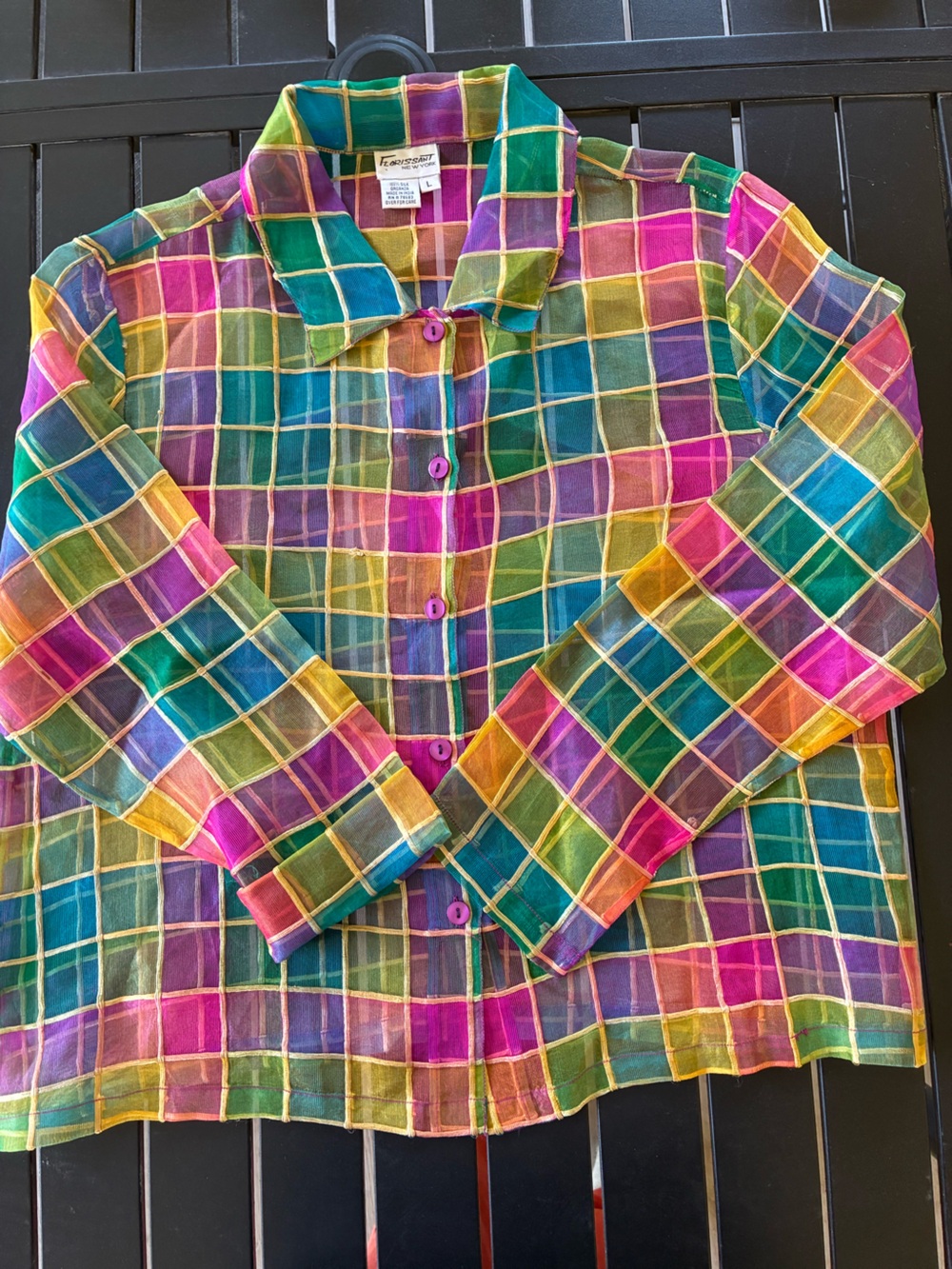 Multicolor Plaid Women’s 💯 Silk Button Collared Blouse Size L Vibrant